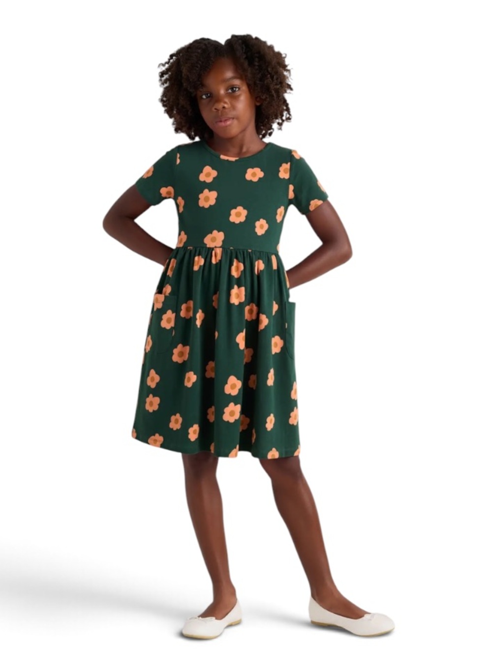 Quince Green Floral Short-Sleeve Dress with Peach Flowers Organic Cotton Size 8